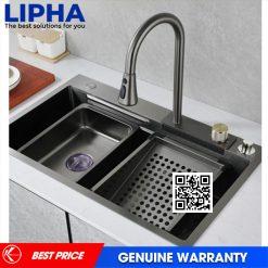Chậu rửa bát 1 hố Inox SUS 304 nano màu ghi xám vòi chảy thác Miken MKRB-7546GR (75x46x22 cm) Chính Hãng