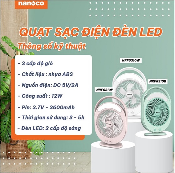 Quạt sạc điện đèn LED Nanoco NRF6310W màu trắng Chính Hãng 1