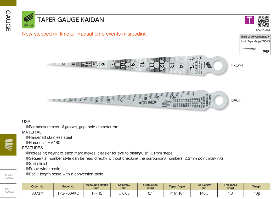 Calip côn thước đo khe hở có vạch Kaidan TPG-700AKD - Niigata Seiki dải đo 1-15mm