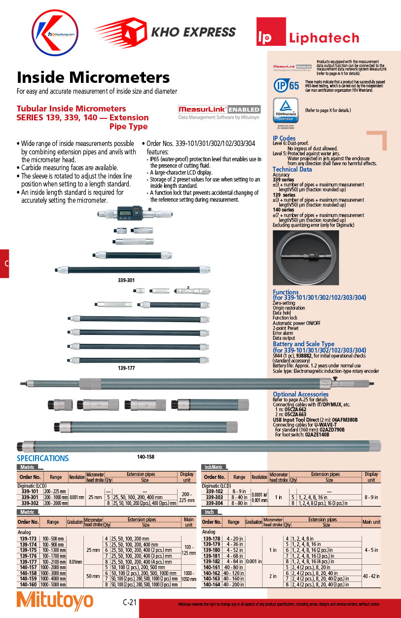 Panme đo trong cơ khí dạng ống nối Mitutoyo K-139-176 (100-1700mm x 0.01mm) 2