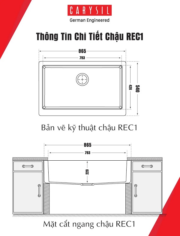 carysil20rec1-bv Chậu rửa bát đá nhân tạo Carysil REC1 màu đen Chính Hãng 1