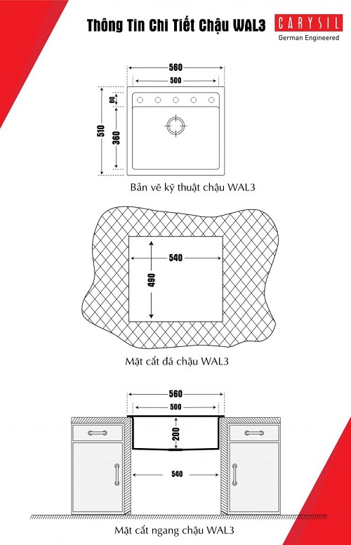 kich-thuoc-chau-rua-chen-wal3 Chậu rửa bát đá nhân tạo Carysil WAL3 Montana (56x51cm) Chính Hãng 2