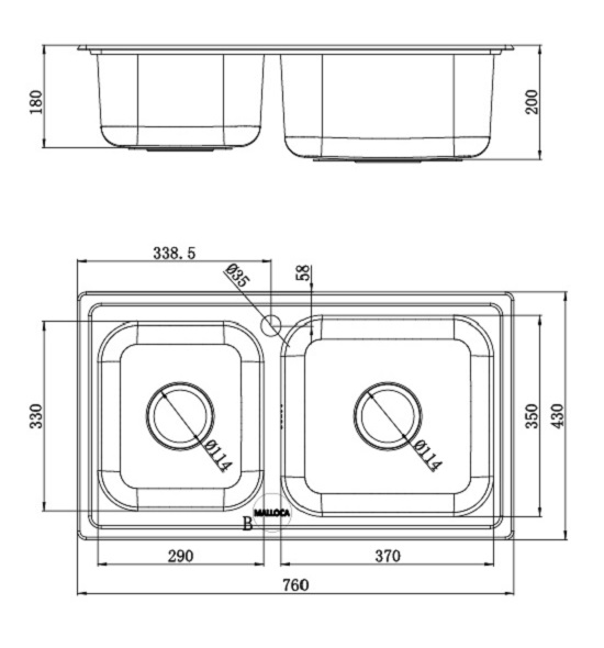 ms-2076ep-ban-ve Chậu rửa bát 2 hố lệch Malloca MS-2076EP (760x430x200mm) Chính Hãng 1