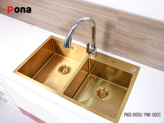 pona-pni3-8650-1 Chậu rửa bát 2 hố lệch Inox304 màu vàng Carysil Pona PNI3-8650 (86x50cm) Chính Hãng 2