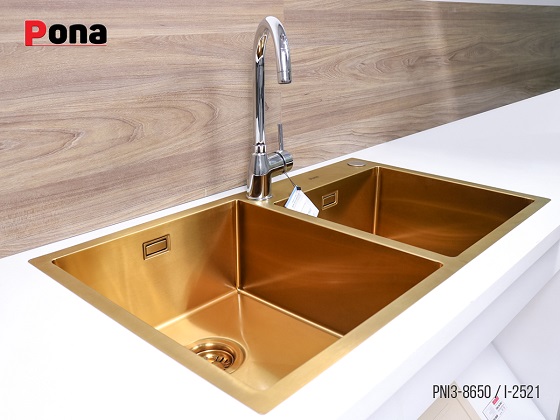 pona-pni3-8650-2 Chậu rửa bát 2 hố lệch Inox304 màu vàng Carysil Pona PNI3-8650 (86x50cm) Chính Hãng 3