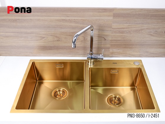 pona-pni3-8650-3 Chậu rửa bát 2 hố lệch Inox304 màu vàng Carysil Pona PNI3-8650 (86x50cm) Chính Hãng 4