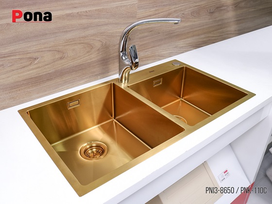 pona-pni3-8650-4 Chậu rửa bát 2 hố lệch Inox304 màu vàng Carysil Pona PNI3-8650 (86x50cm) Chính Hãng 5