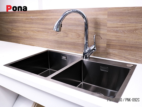 pona20pni2-8650-2 Chậu rửa bát 2 hố lệch Inox304 màu đen Carysil Pona PNI2-8650 (86x50cm) Chính Hãng 3