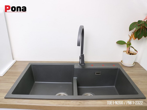 pona20toe1-n200-1-1 Chậu rửa bát 2 hố lệch bằng đá Granite Carysil PonaTOE1-N200 (86x50x20cm) Chính Hãng 2