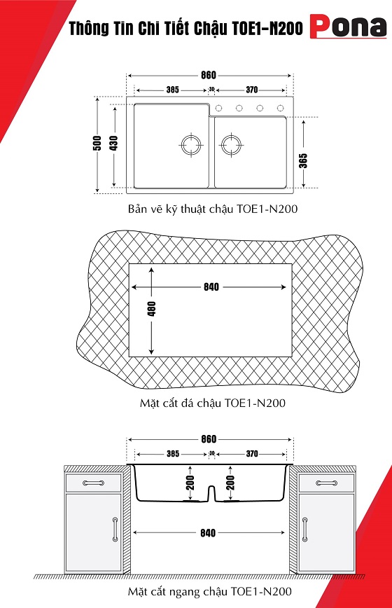 pona20toe1-n200-bv-1 Chậu rửa bát 2 hố lệch bằng đá Granite Carysil PonaTOE1-N200 (86x50x20cm) Chính Hãng 1