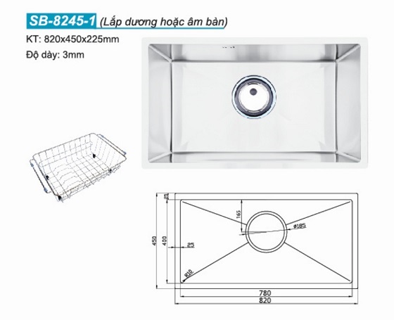 sobisung20sb-8245-1_1 Chậu rửa bát 1 hố Sobisung SB-8245-1 (820x450x225mm) Chính Hãng 1