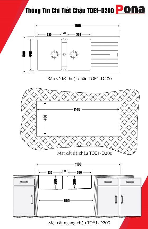 toe1-d200-5 Chậu rửa bát 2 hố lệch có bàn bằng đá Granite Carysil Pona TOE1-D200 (110x60x20cm) Chính Hãng 1