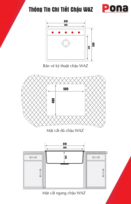 waz2-bv-2 Chậu rửa bát 1 hố bằng đá Granite Carysil Pona WAZ2 (58x48cm) Chính Hãng 1
