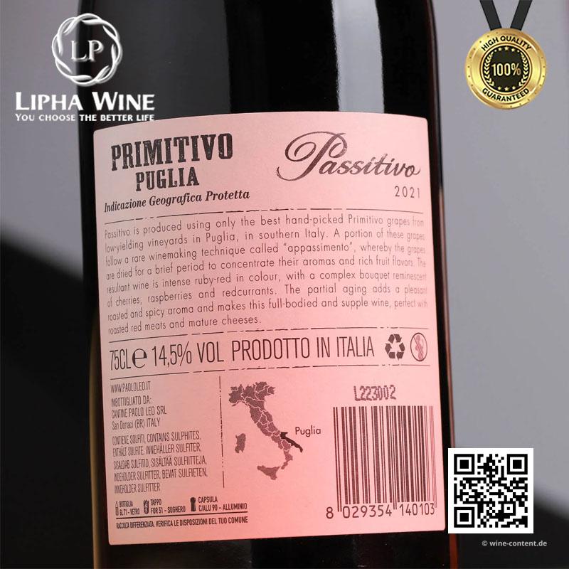 Rượu vang đỏ Ý PASSITIVO APPASSIMENTO PRIMITIVO (thơm rang và cay dễ chịu)