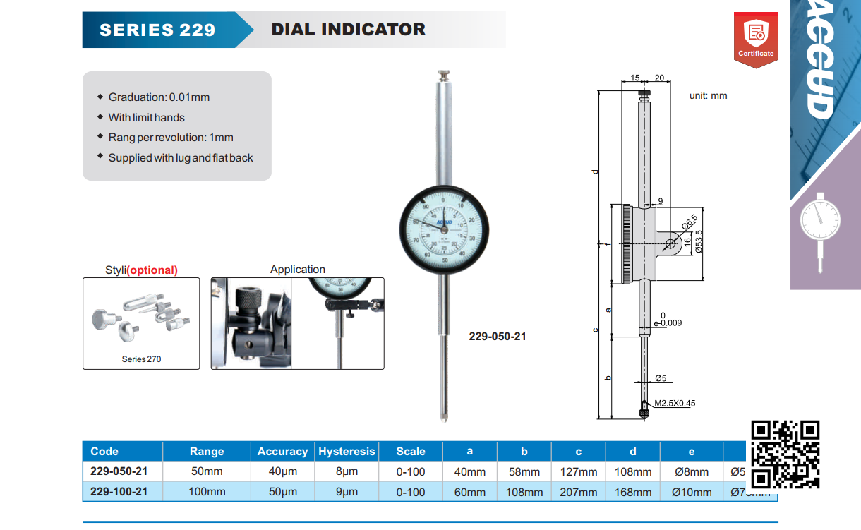 Đồng hồ so cơ khí 0-50mm/0.01mm ACCUD 229-050-21 Dial Indicator Chính hãng