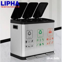 Thùng rác inox đạp chân vuông 3 ngăn 45 lít phủ Nano cao cấp LP-AL345L Chính Hãng